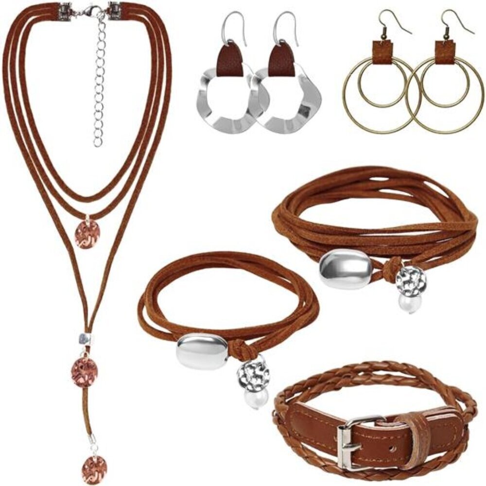 Western-Inspired 6 Pc Jewelry Set–Brown Suede Like Bohemian Cowgirl Chic